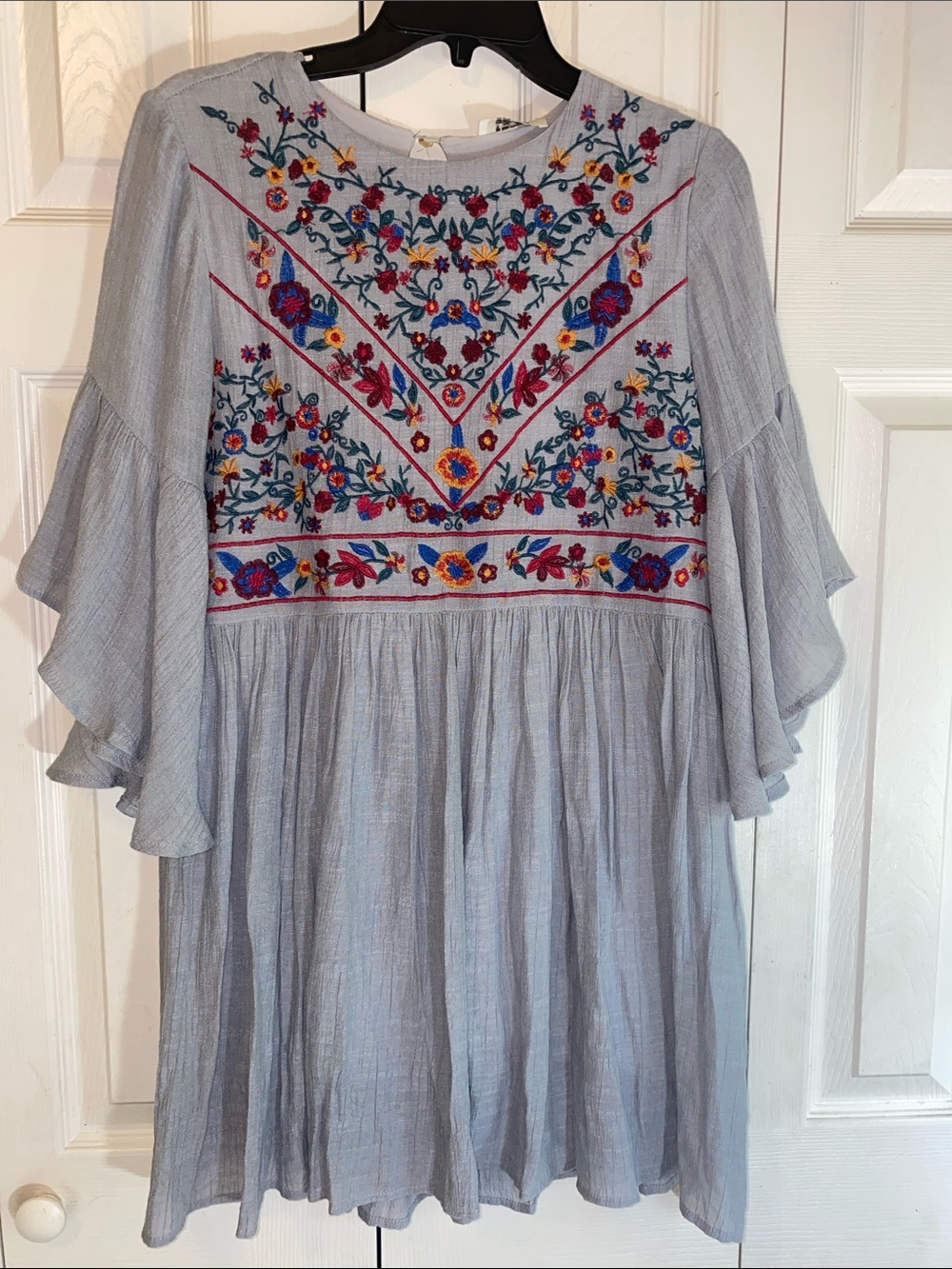Umgee Mini Dress Gray with Navy, Mustard, & Maroon Embroidery